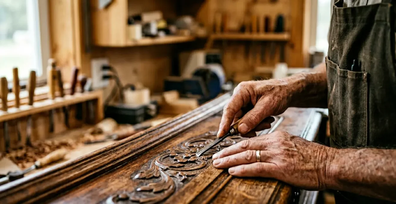 Close-up view of skilled hands working on antique wood furniture restoration in a traditional workshop setting
