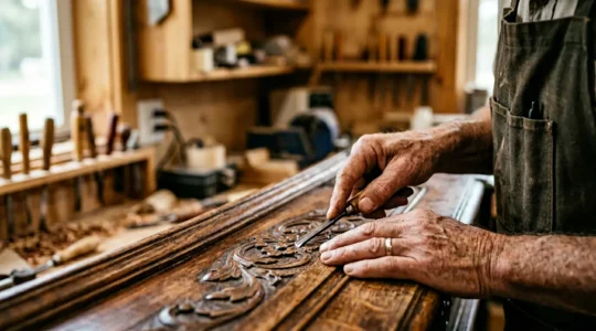 Close-up view of skilled hands working on antique wood furniture restoration in a traditional workshop setting