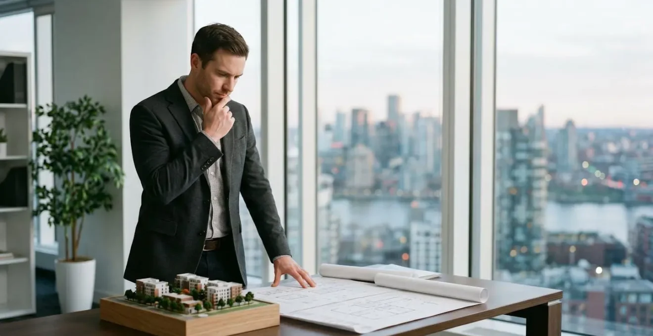 Professional analyzing property investment opportunity in modern workspace