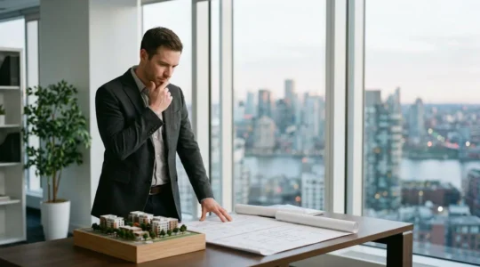 Professional analyzing property investment opportunity in modern workspace