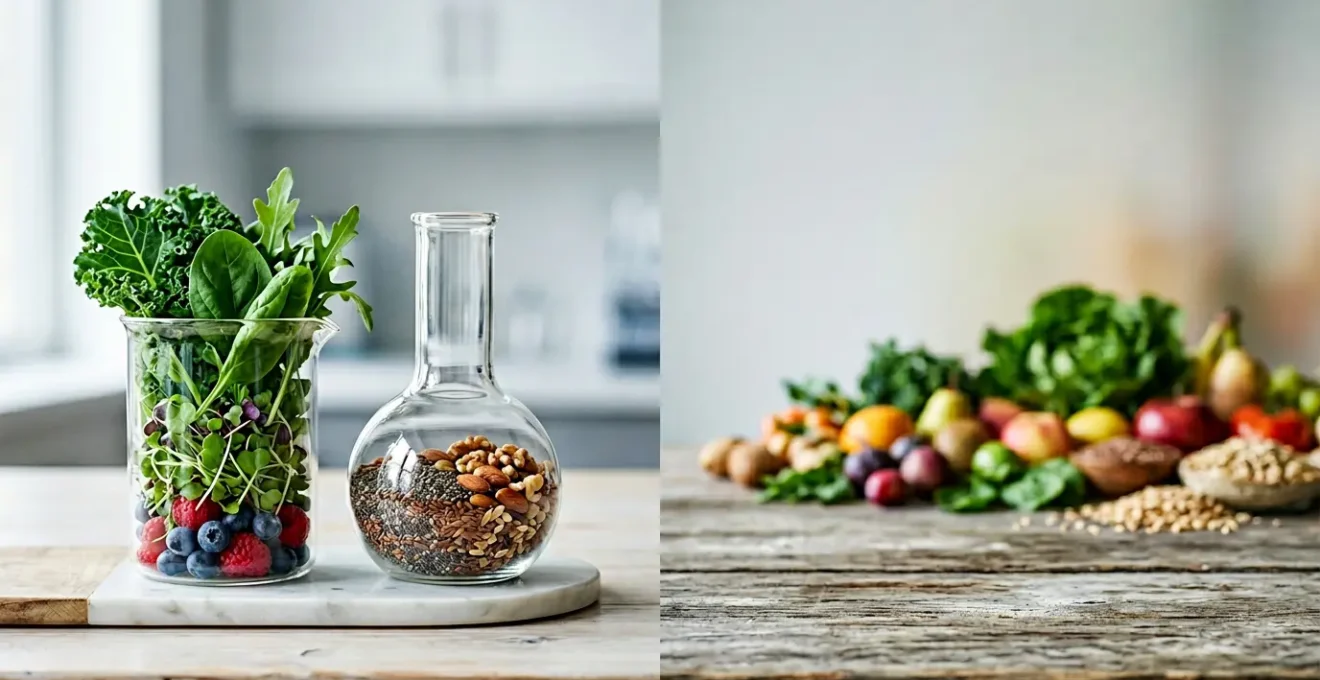 A professional editorial photograph contrasting evidence-based nutrition science with wellness marketing, showing natural whole foods in a clean, minimalist composition