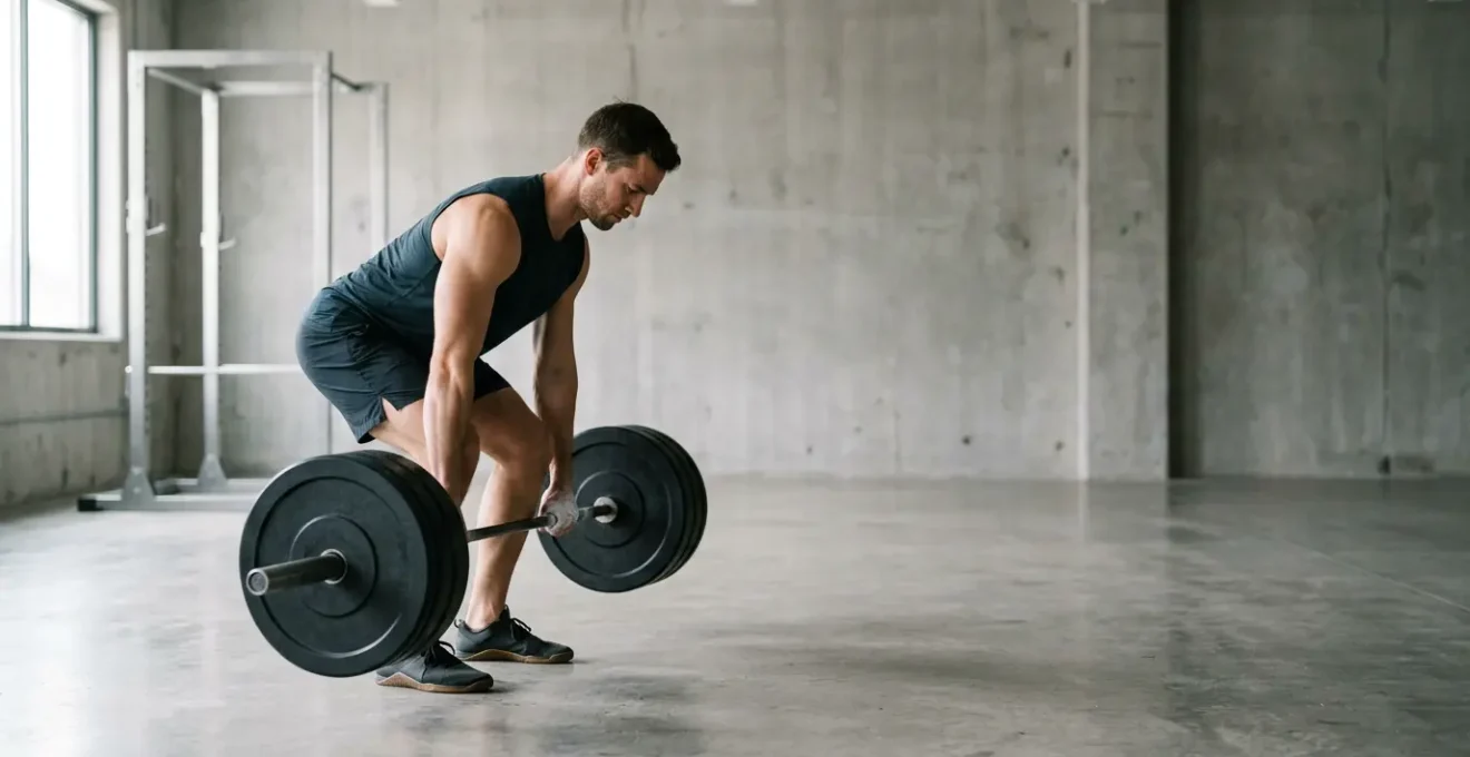Athletic individual performing compound barbell movement in minimalist gym environment