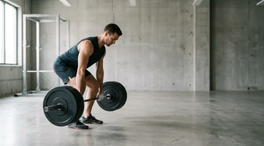 Athletic individual performing compound barbell movement in minimalist gym environment
