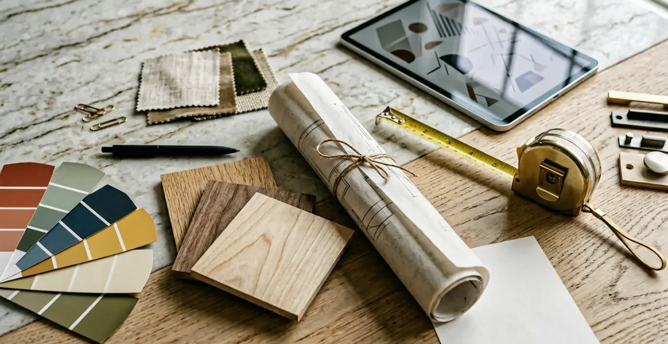 Home renovation planning workspace with architectural tools and material samples arranged on clean surface