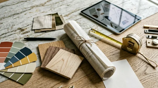 Home renovation planning workspace with architectural tools and material samples arranged on clean surface