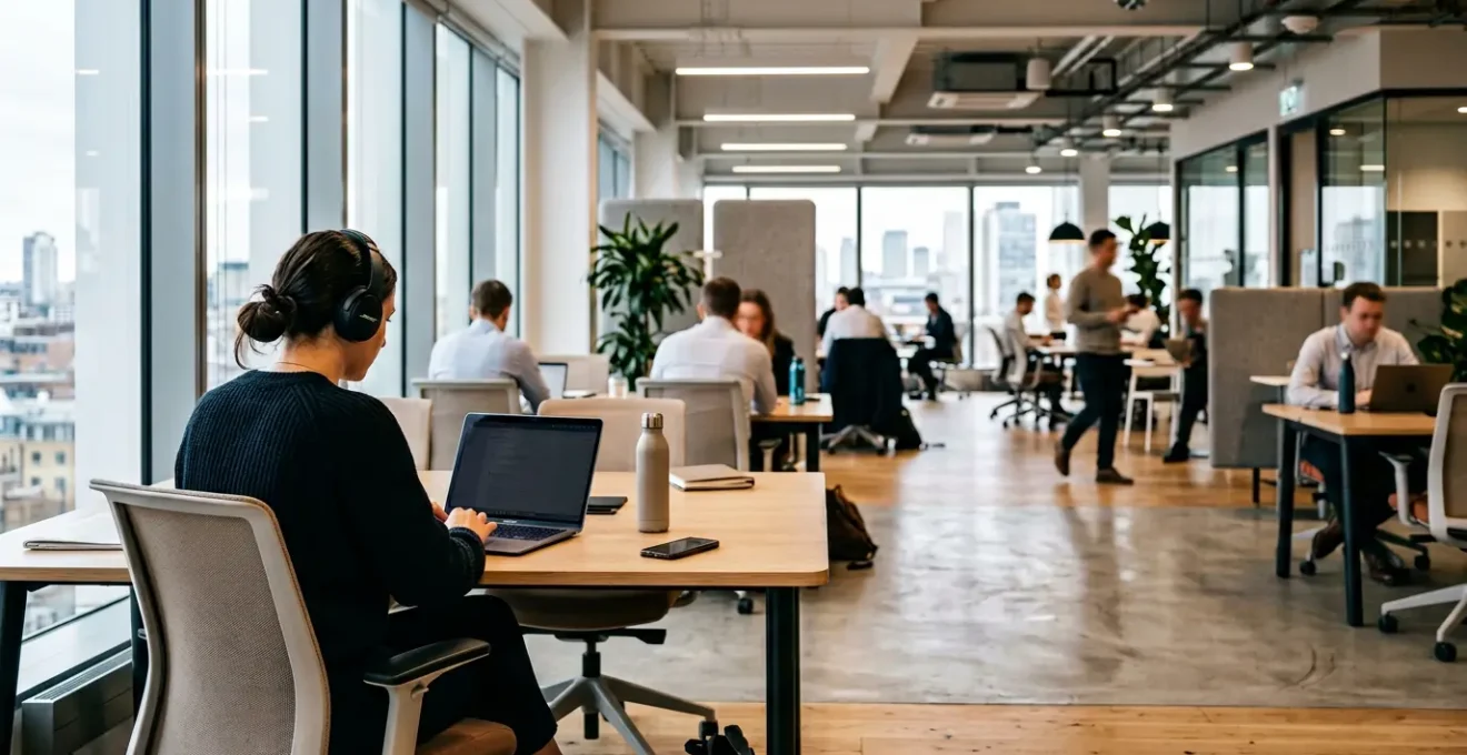 Focused professional working in modern open office with concentration tools