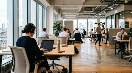 Focused professional working in modern open office with concentration tools