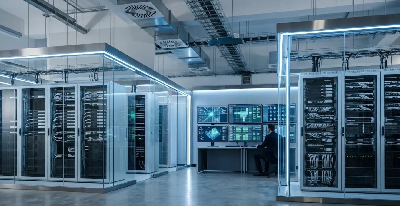 Emergency operations center showing disaster recovery planning infrastructure with monitoring systems and backup architecture