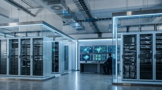 Emergency operations center showing disaster recovery planning infrastructure with monitoring systems and backup architecture
