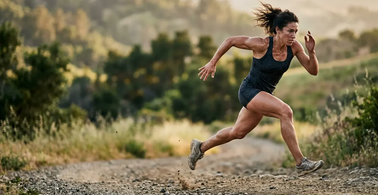 Dynamic athlete in explosive sprinting motion demonstrating power and speed