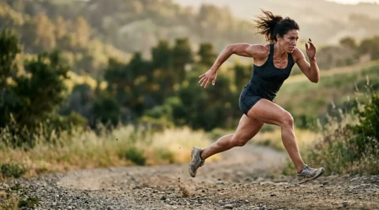 Dynamic athlete in explosive sprinting motion demonstrating power and speed
