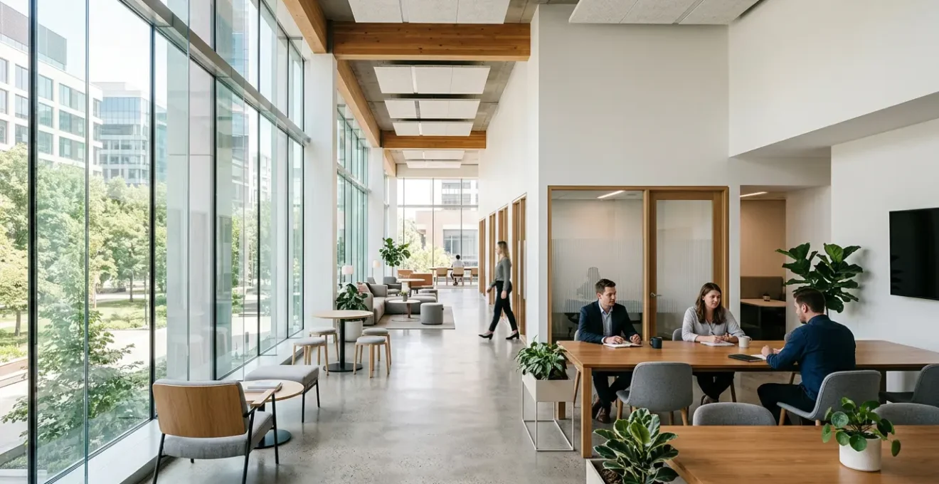 Modern coworking space with collaborative zones and private offices showcasing hybrid work flexibility