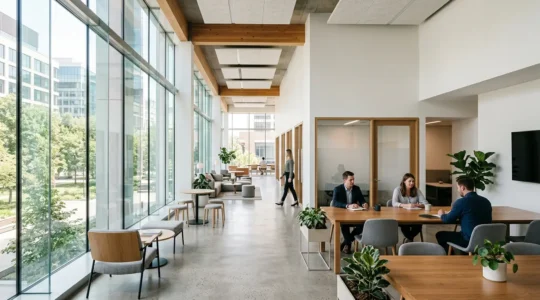 Modern coworking space with collaborative zones and private offices showcasing hybrid work flexibility