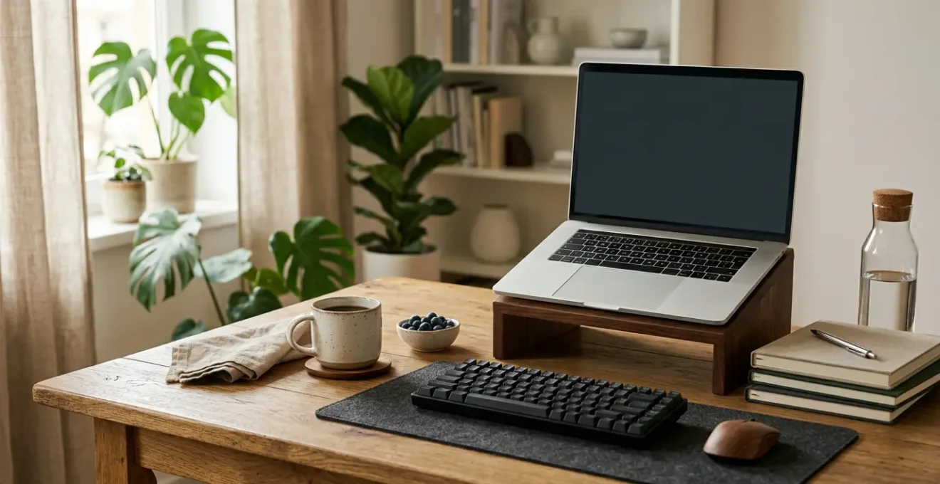 Professional navigating hybrid work schedule with visible balance between office and remote environments