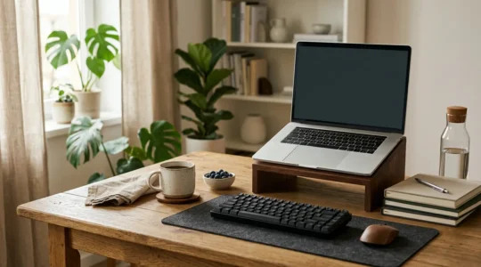 Professional navigating hybrid work schedule with visible balance between office and remote environments