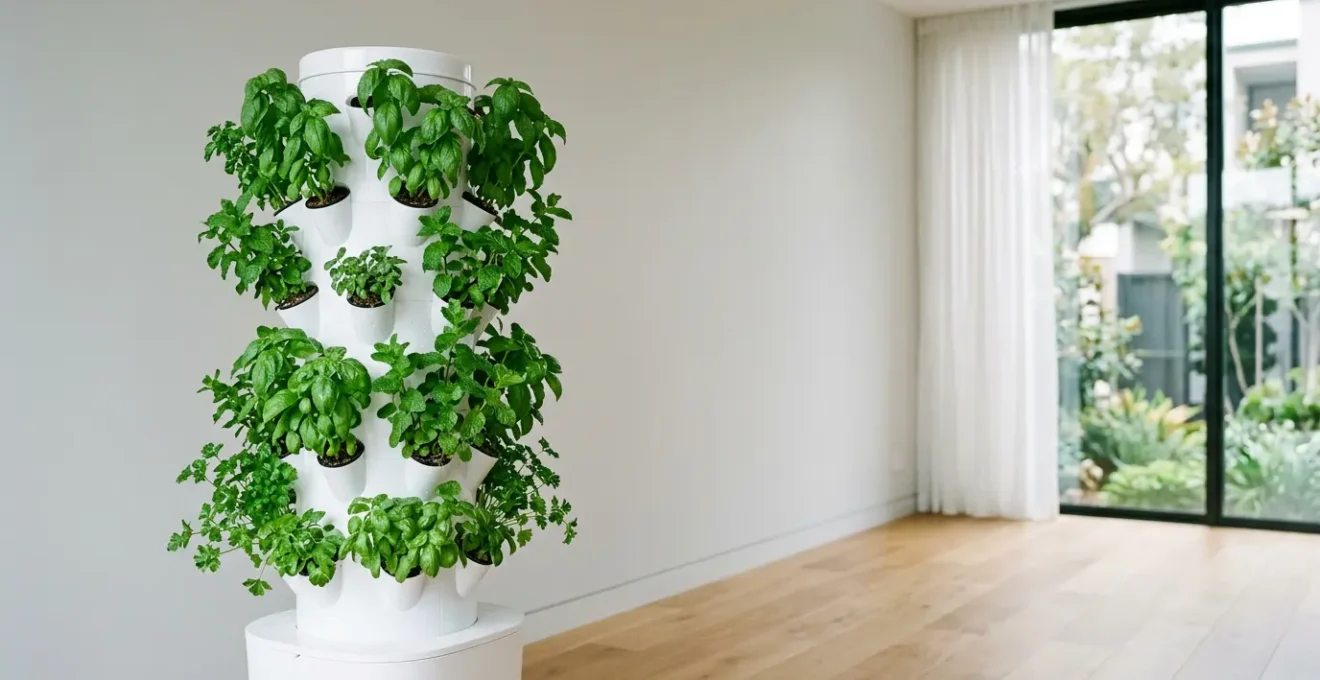 Vertical hydroponic tower growing fresh herbs indoors with natural lighting