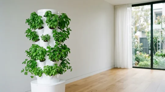 Vertical hydroponic tower growing fresh herbs indoors with natural lighting