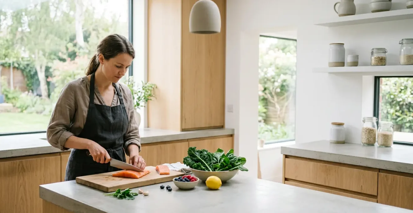 Person preparing healthy meal in modern British kitchen with fresh vegetables and whole foods