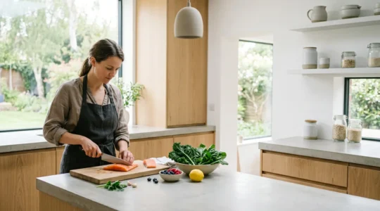 Person preparing healthy meal in modern British kitchen with fresh vegetables and whole foods