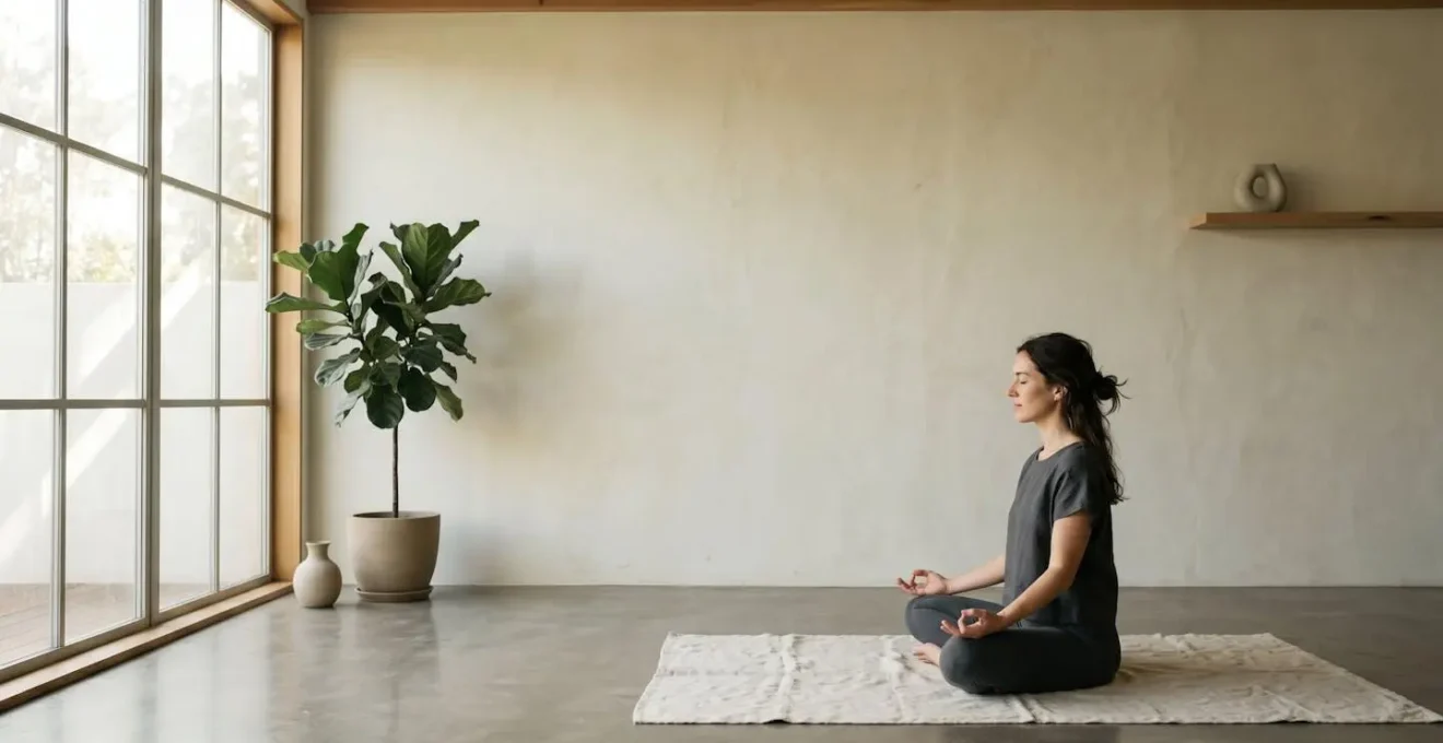 Person practicing stress reduction through natural lifestyle changes in serene morning environment