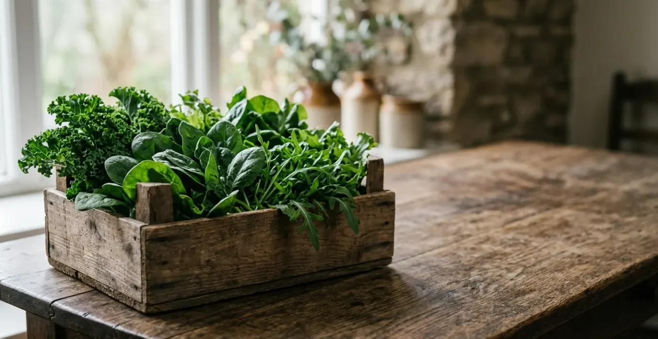 Fresh organic leafy greens displayed at a British supermarket with natural lighting highlighting their quality