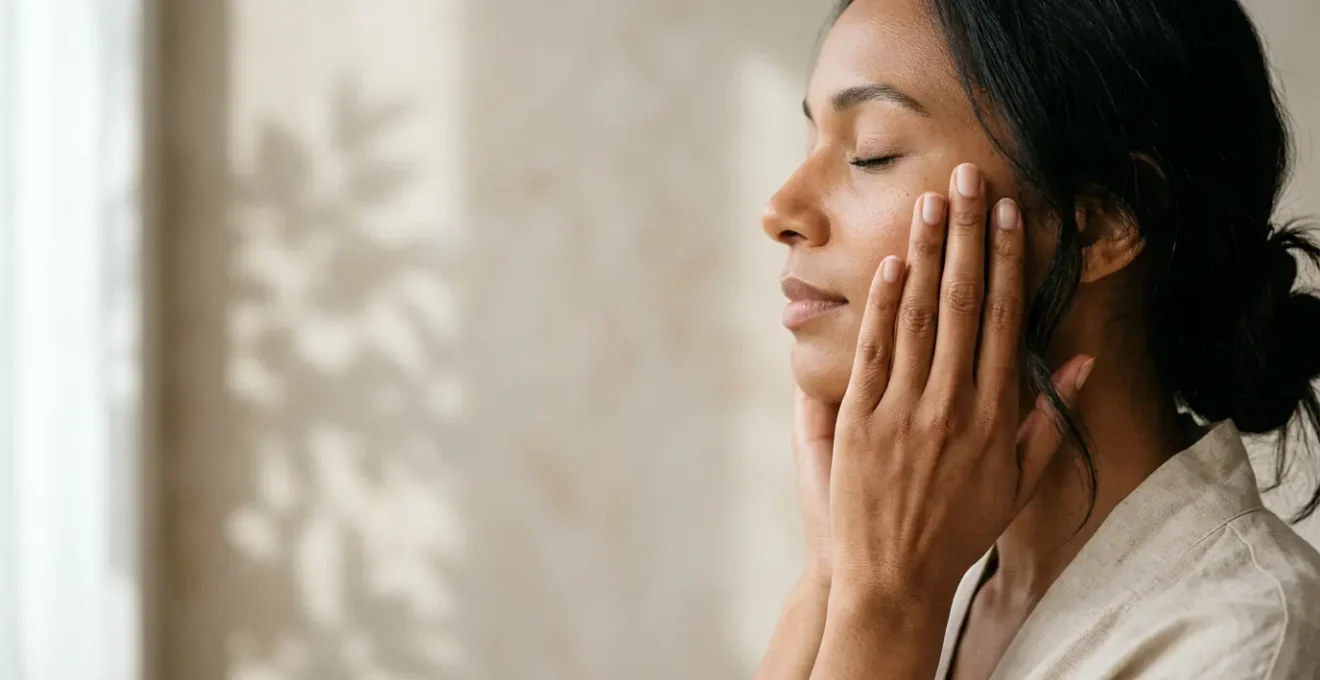 Close-up of hands applying skincare with natural sunlight and botanical elements