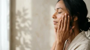 Close-up of hands applying skincare with natural sunlight and botanical elements