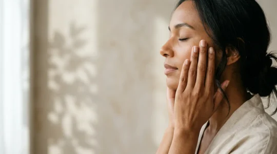 Close-up of hands applying skincare with natural sunlight and botanical elements