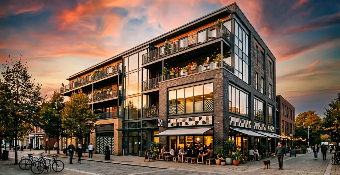 Modern commercial property frontage with mixed retail and residential use under dramatic sky showing resilience and transformation