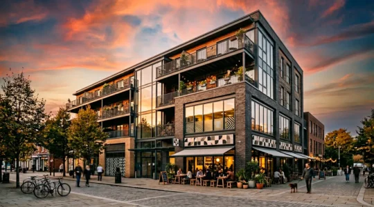 Modern commercial property frontage with mixed retail and residential use under dramatic sky showing resilience and transformation