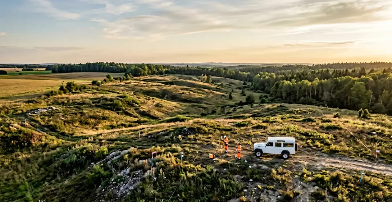 Aerial view of undeveloped land parcel with survey markers and planning documents