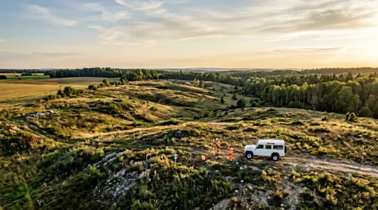 Aerial view of undeveloped land parcel with survey markers and planning documents