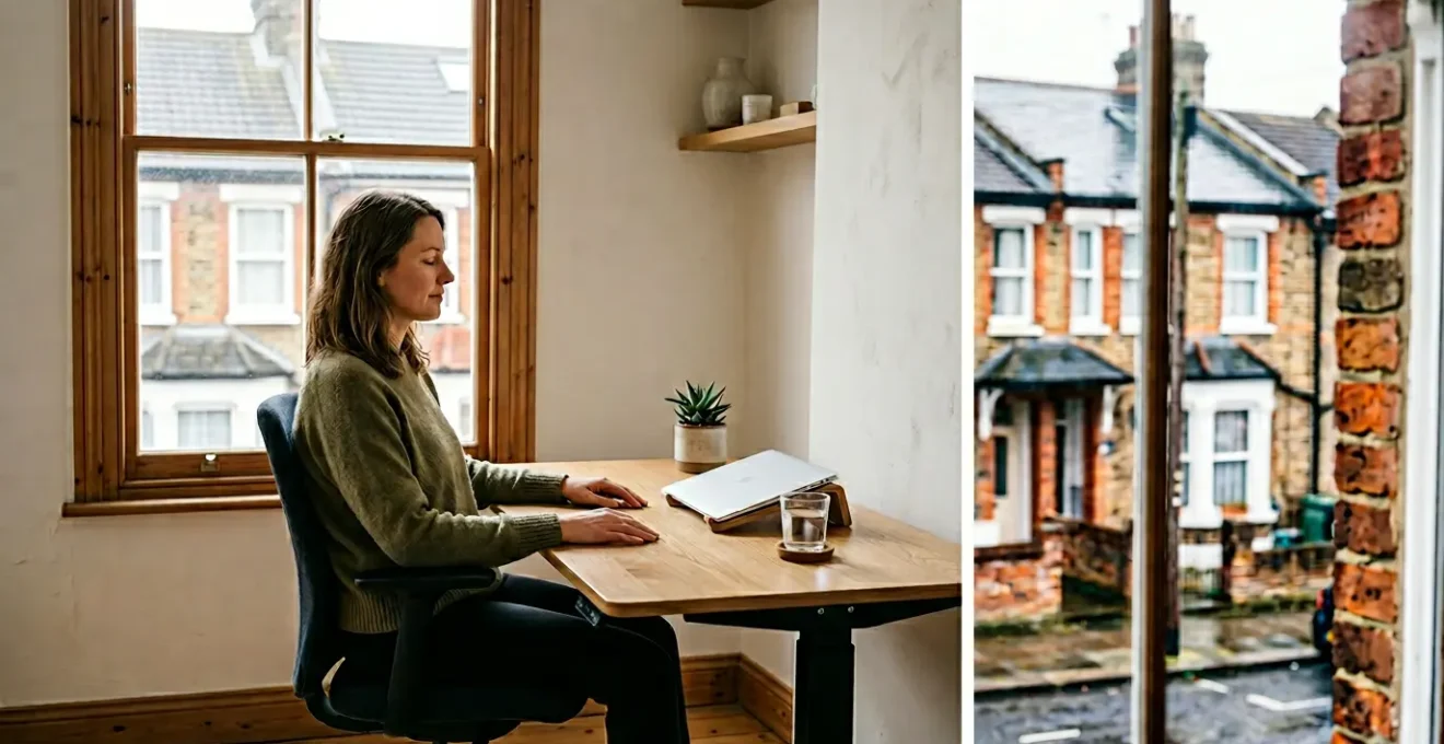 Remote worker in a well-lit UK home office practicing digital wellness with ergonomic setup and natural light