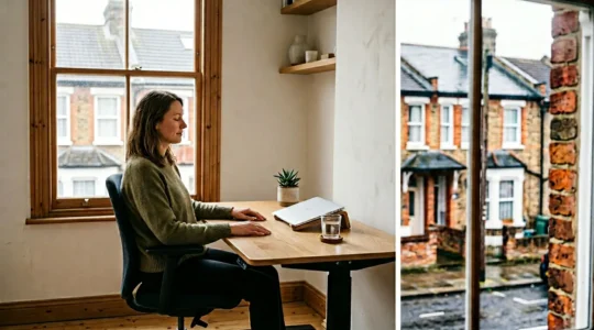 Remote worker in a well-lit UK home office practicing digital wellness with ergonomic setup and natural light