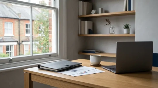 Professional financial planning setup showing portfolio diversification materials with clean minimalist composition