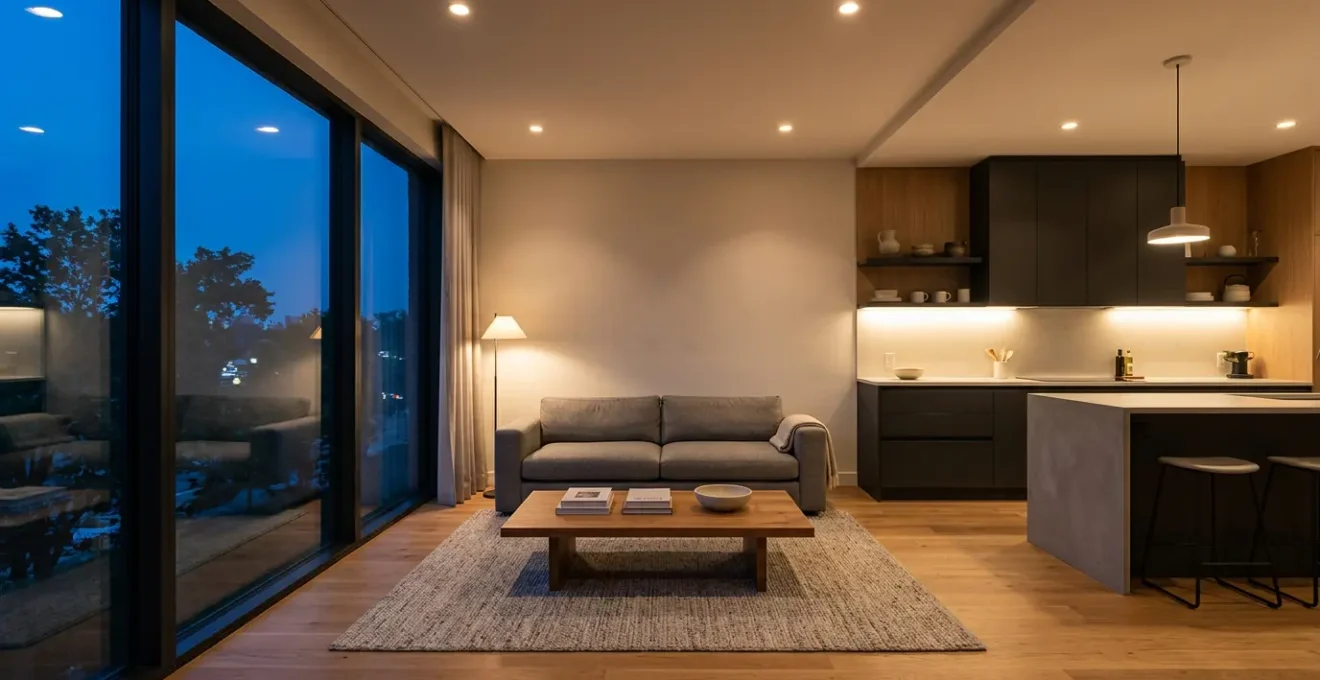 Modern residential interior showcasing smart LED lighting system with ambient and task lighting creating a convenient energy-efficient atmosphere