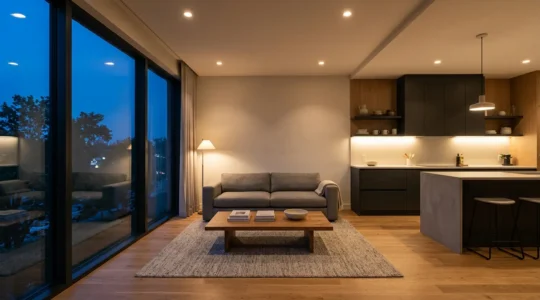 Modern residential interior showcasing smart LED lighting system with ambient and task lighting creating a convenient energy-efficient atmosphere