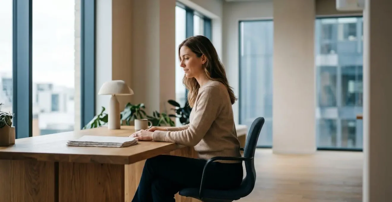 Professional view of neutral spinal alignment showing proper ergonomic posture during desk work