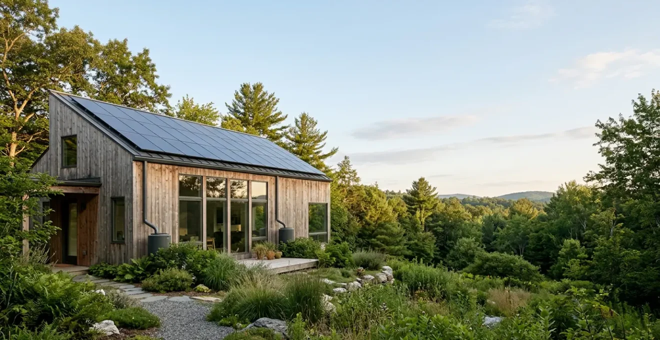 A modern sustainable home with eco-friendly features reducing carbon footprint