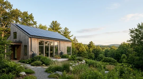 A modern sustainable home with eco-friendly features reducing carbon footprint