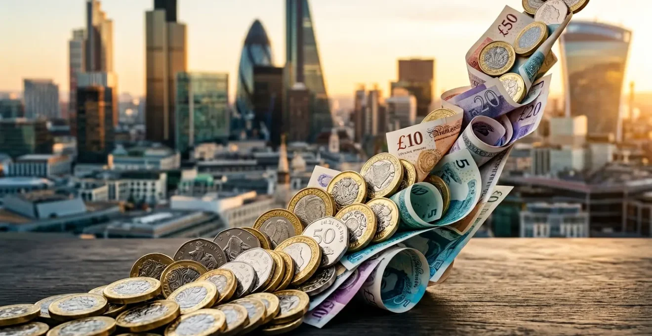 Professional editorial composition showing investment growth and UK financial opportunities