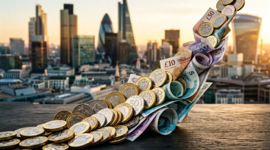 Professional editorial composition showing investment growth and UK financial opportunities