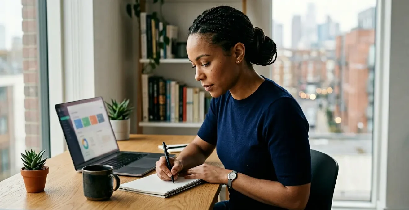 Professional working on career development with UK certification documents and digital learning platform