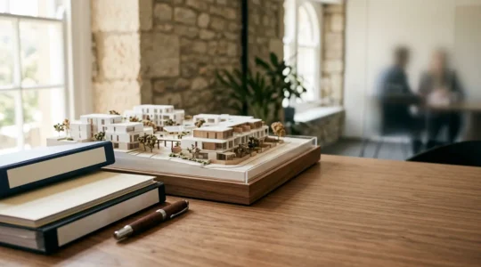 Professional editorial photograph showing UK property investment and corporate structure strategic planning with natural lighting and clean composition