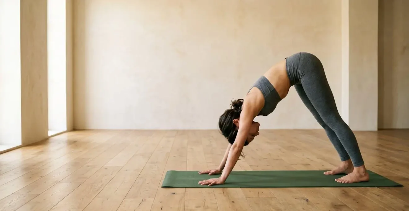 Person practicing vinyasa yoga flow in a peaceful environment with natural light