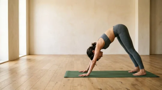 Person practicing vinyasa yoga flow in a peaceful environment with natural light