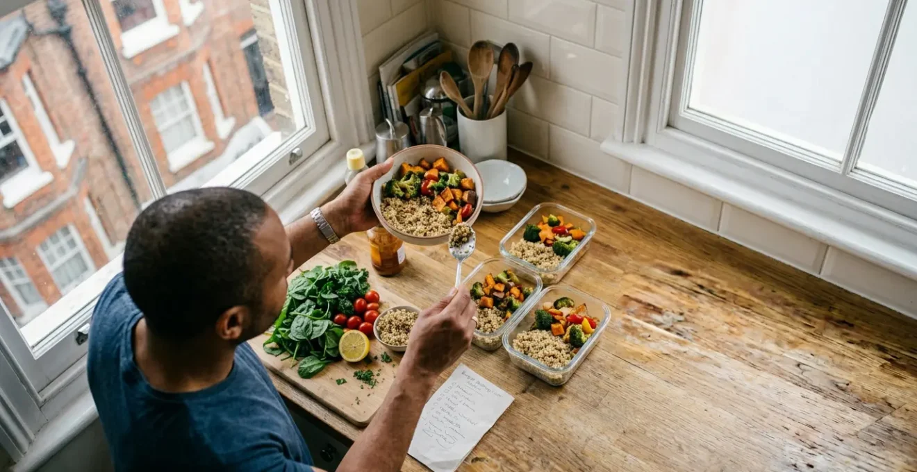 Hands organizing fresh ingredients and glass meal prep containers on a London kitchen counter, morning light streaming through window