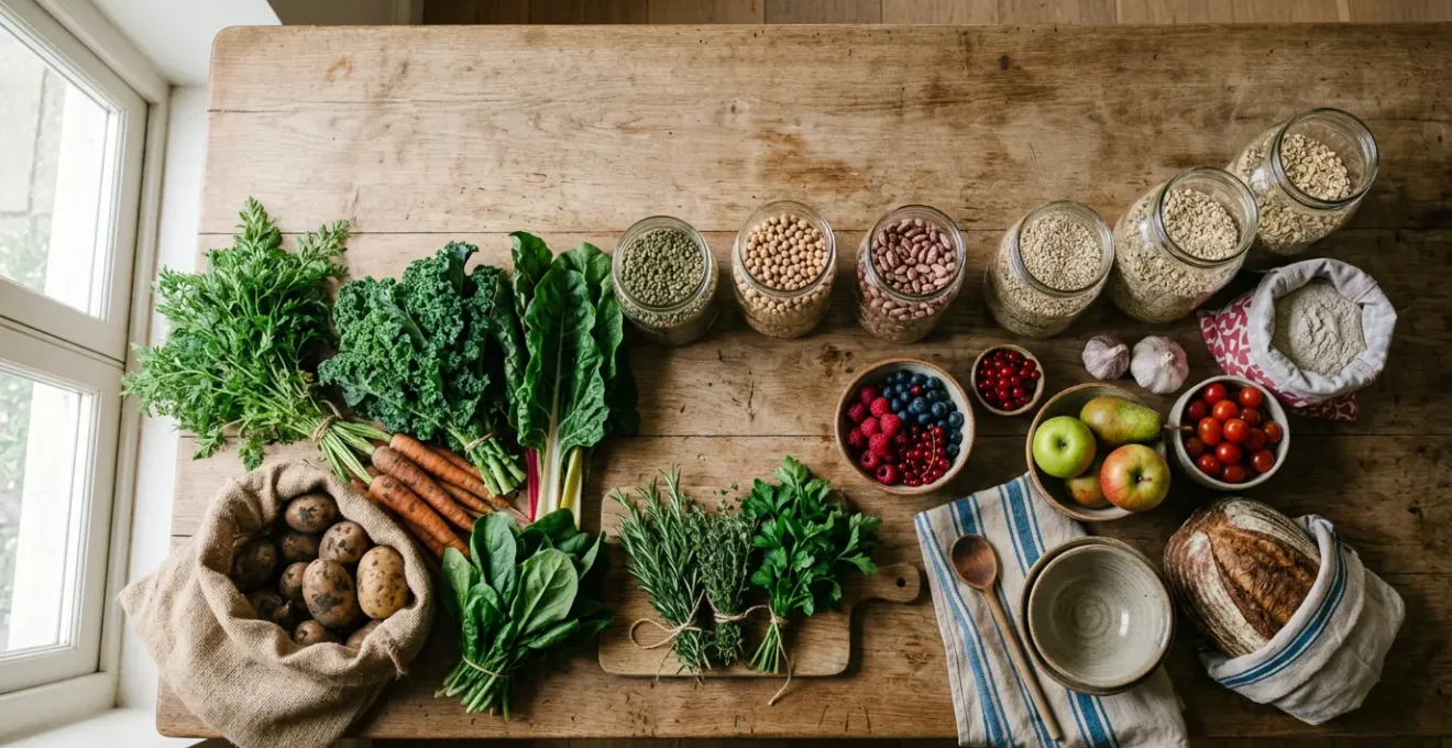 Overhead view of fresh whole foods and budget-friendly vegetables on a wooden kitchen counter in UK home