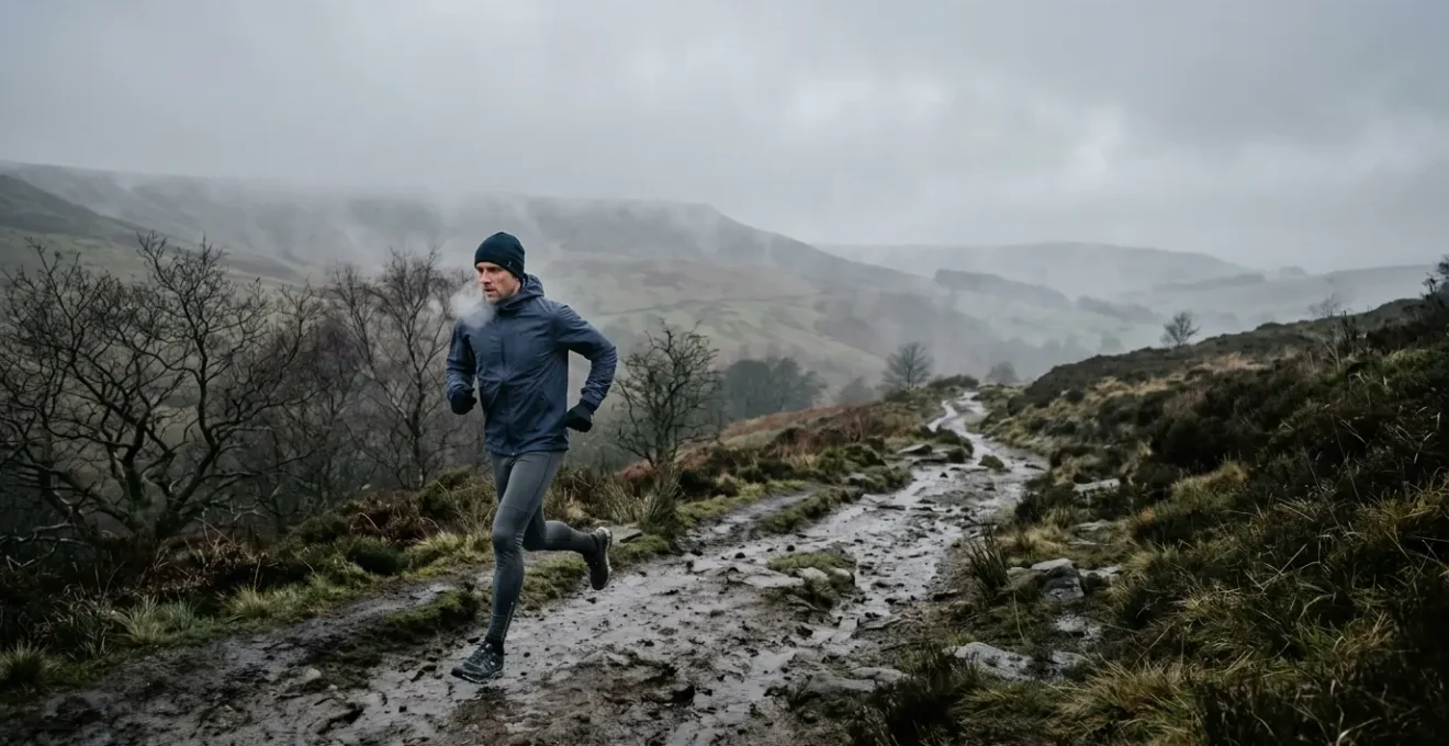Athlete training outdoors in cold wet UK weather conditions with proper layering