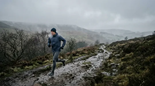 Athlete training outdoors in cold wet UK weather conditions with proper layering